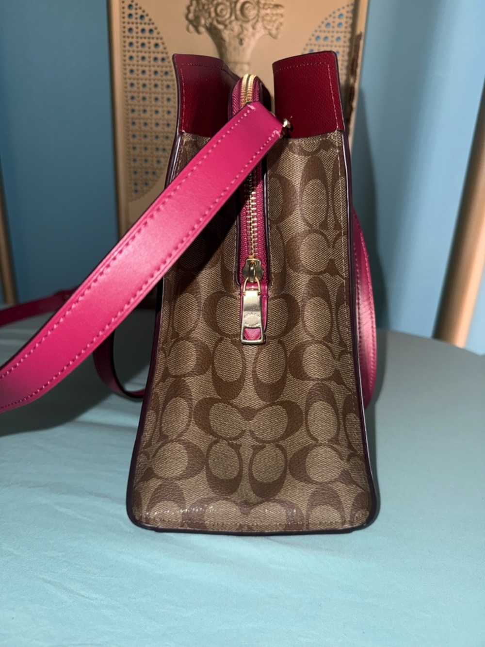 Coach Brown Signature Canvas Tote with Magenta Trim - Picture 3 of 7